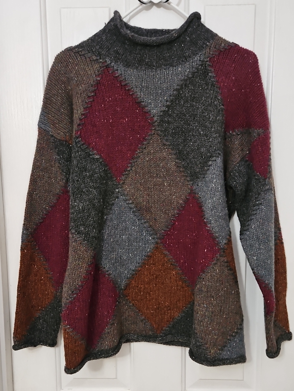 Vtg Newport News Patchwork 100% Shetland Wool Rolled Mockneck Argyle Sweater S
